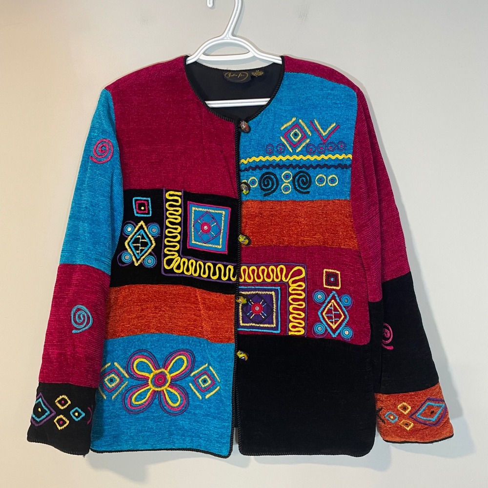 Julia Kim Vintage Art to Wear Patchwork Embroidered Jacket M Colorful Boho Indie